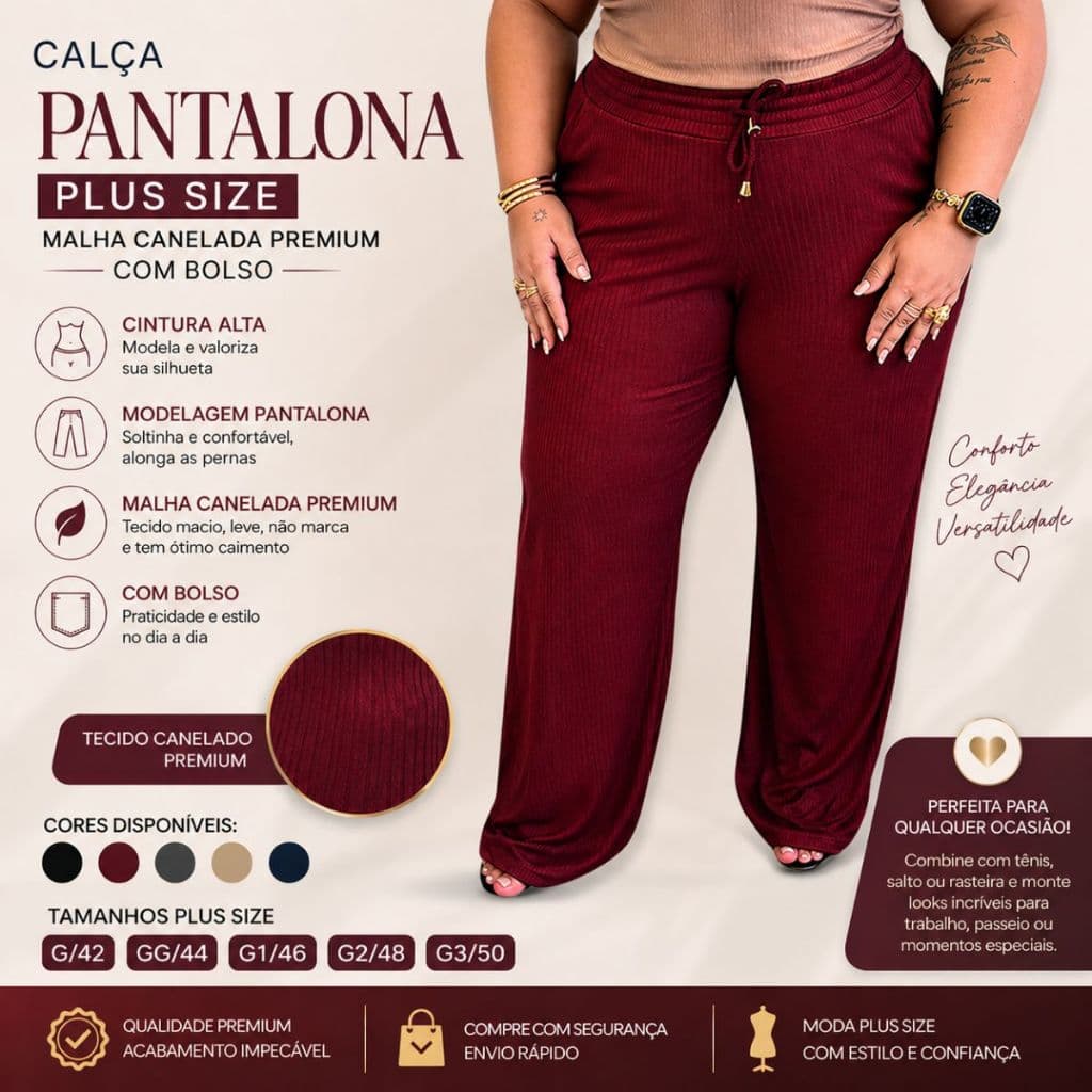 🔥 MAIS VENDIDO 🔥 Calça Pantalona Plus Size Feminino Cintura Alta Com Bolsos Malha Canelada Promoção