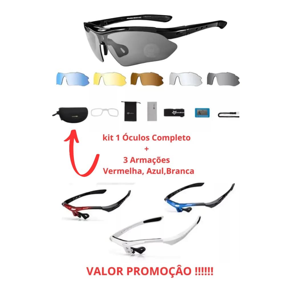 ROCKBROS KIT Óculos Bike 5 Lentes Polarizado Suporte Grau Ciclismo + Armações Extras