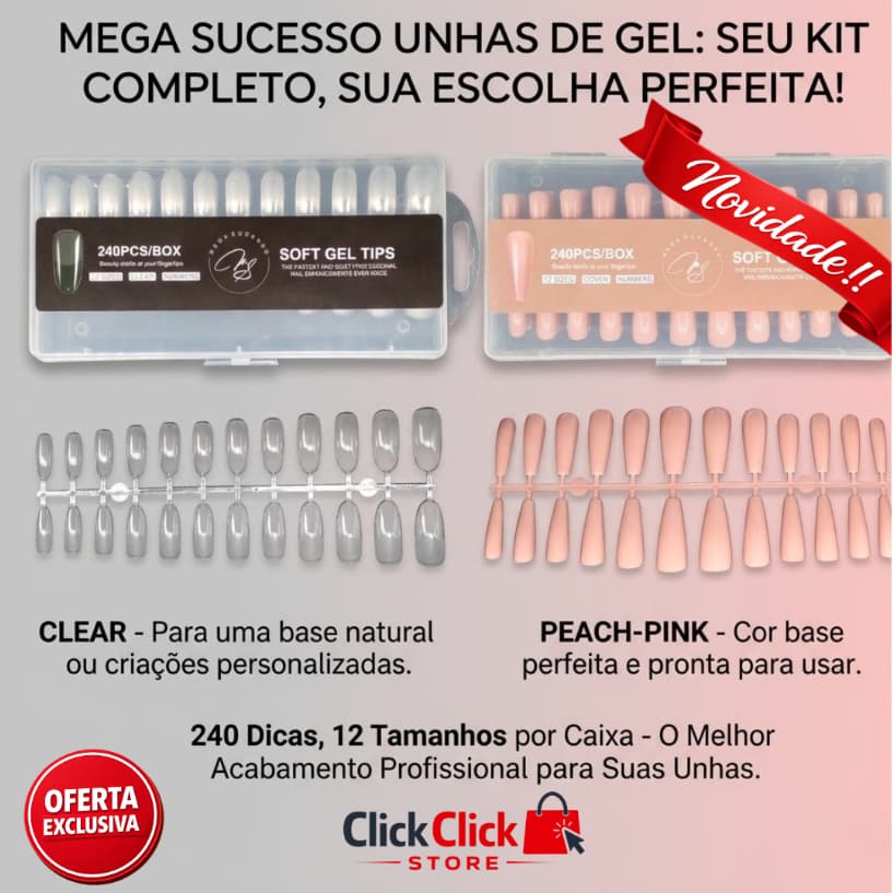 Unhas Soft Gel Bailarina Almond Tips Transparentes Nail Designer SQ8543/SQ8544