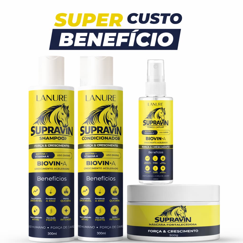 Kit Crescimento Acelerado Biovin-A Supravin Lanure Força de Cavalo Shampoo Condicionador Máscara e Tônico