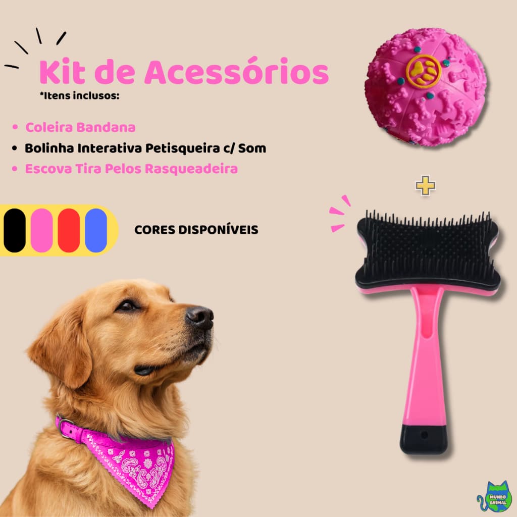 Kit Acessórios Para Cães Coleira Bandana + Bolinha Interativa + Escova Tira Pelos Rasqueadeira