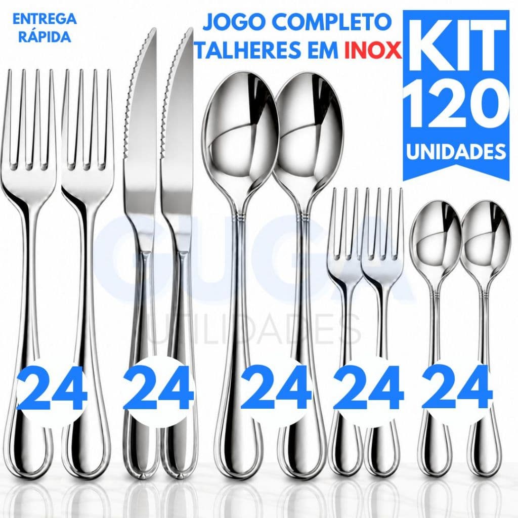 Jogo 120 Talheres C/ Variações Inox Premium Garfo Faca Colher Jantar e Garfo Colher Sobremesa