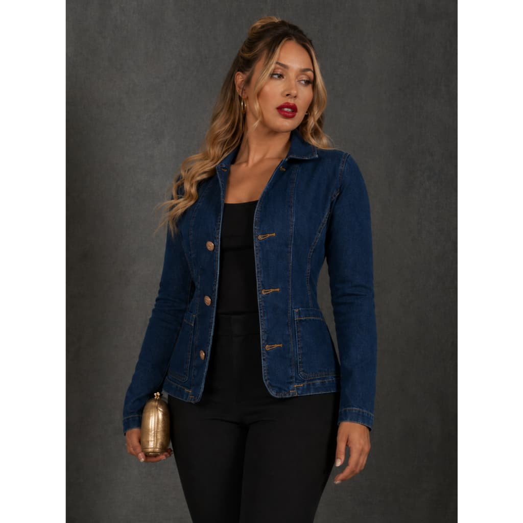 Jaqueta Jeans Feminina de Manga Longa com Botões e Bolsos Estilosa Versátil Elegante e Casual