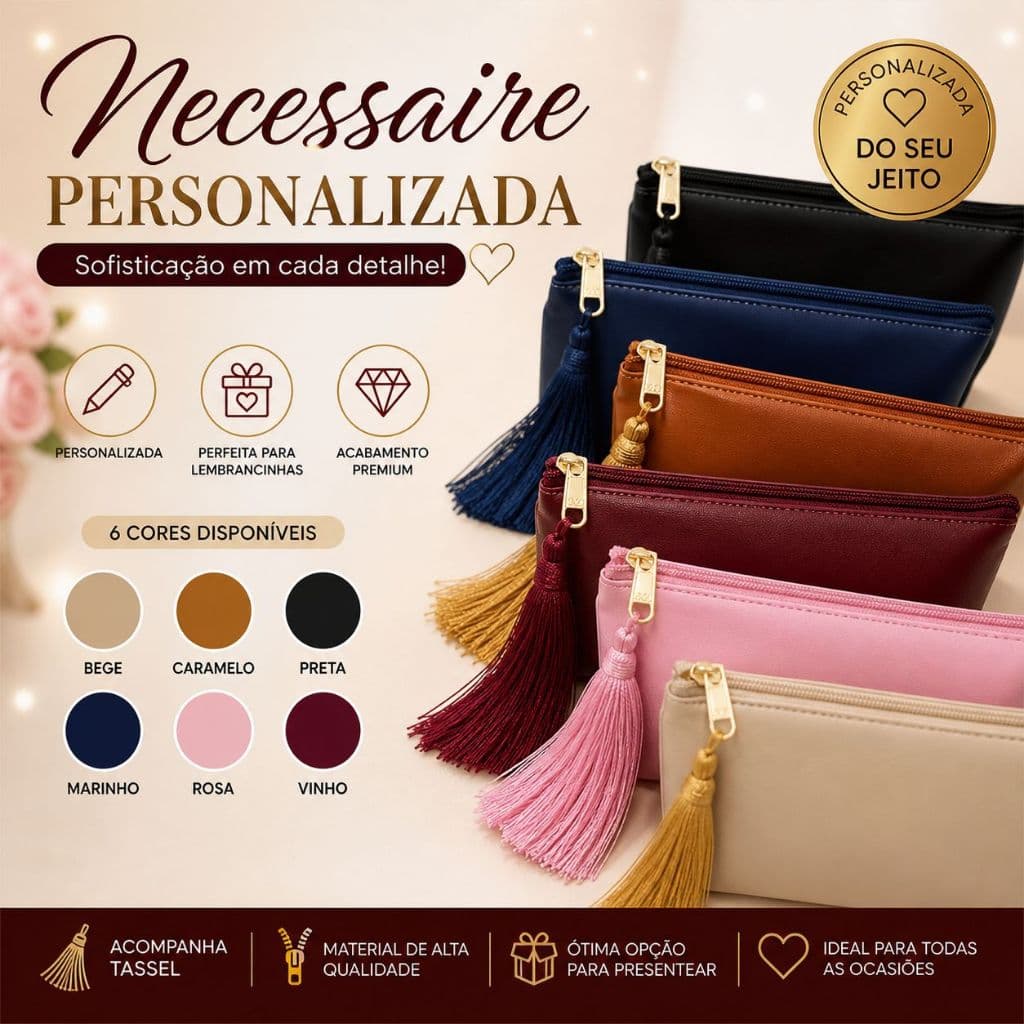 Necessaire Personalizada kit com até 100unid, Nome ou Logo + Tassel | Lembrancinha Casamento Aniversário Empresa