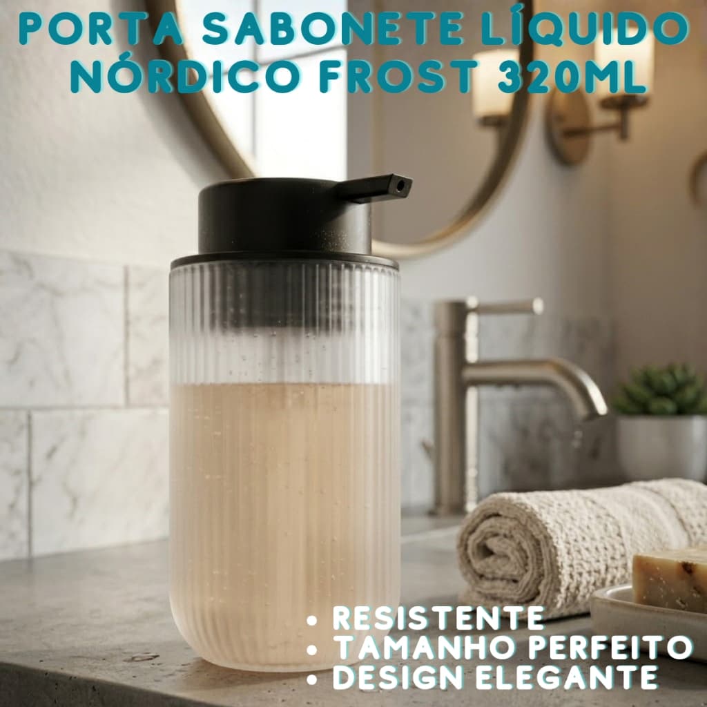 Porta Sabonete Liquido Nórdico Frost 320ml Com Pump Preto Natural Vidro Dispenser Luxo Banheiro Lyor
