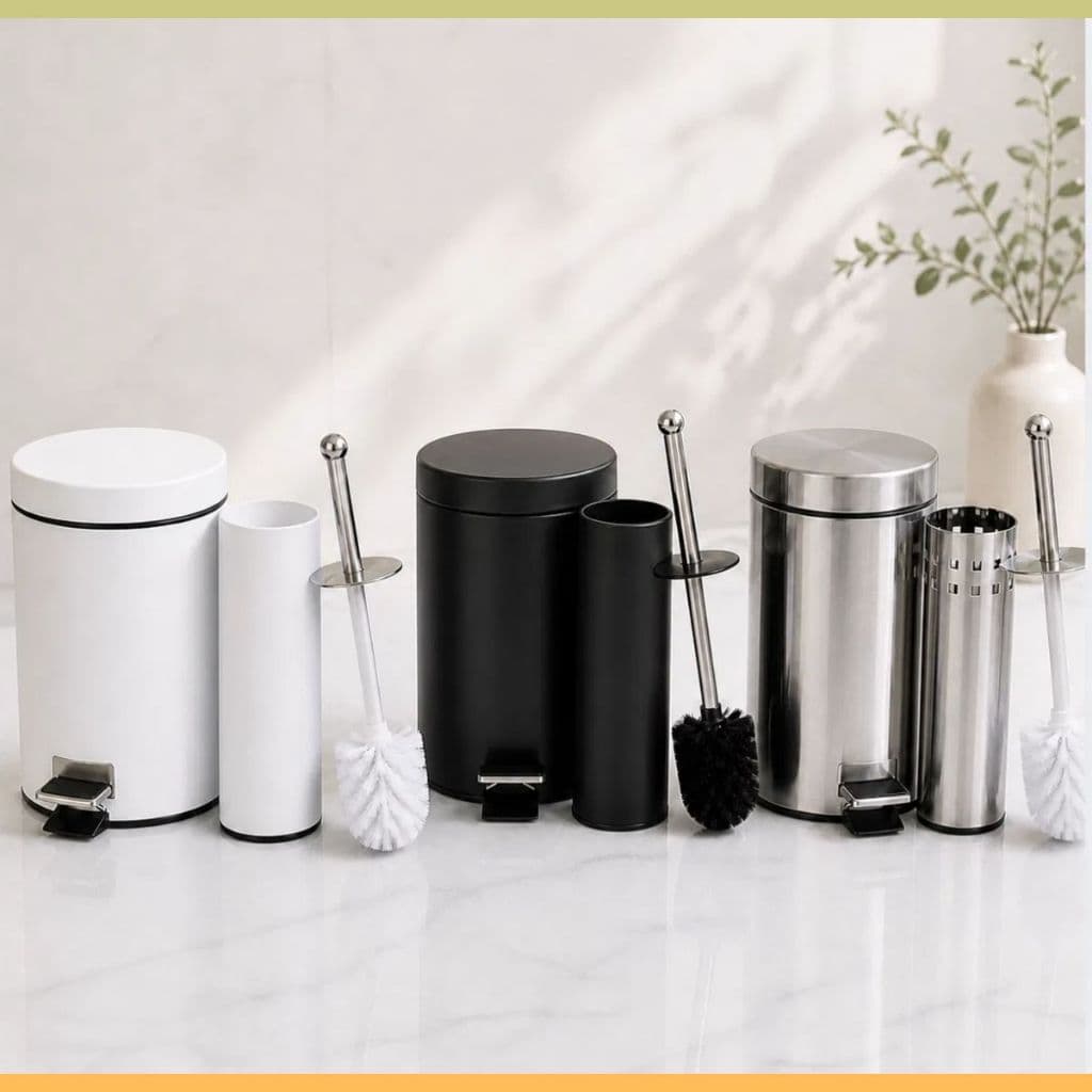 Kit Lixeira 3L Pedal Escova Sanitária Inox Preto Branco Banheiro Lavabo Cesto Lixo Moderno Completo