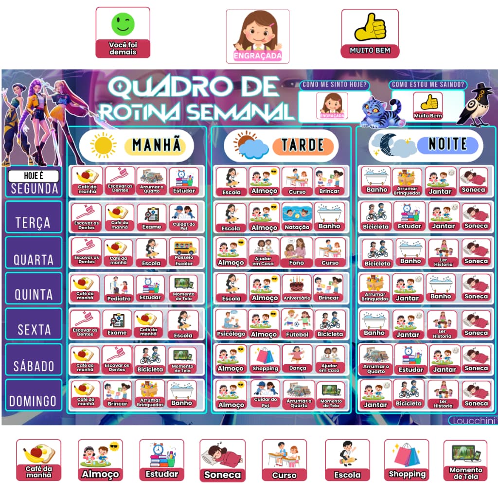 Quadro de Rotina Semanal Infantil p/ Organização e uma Rotina Interativa No Tema Guerreiras Do K-Pop