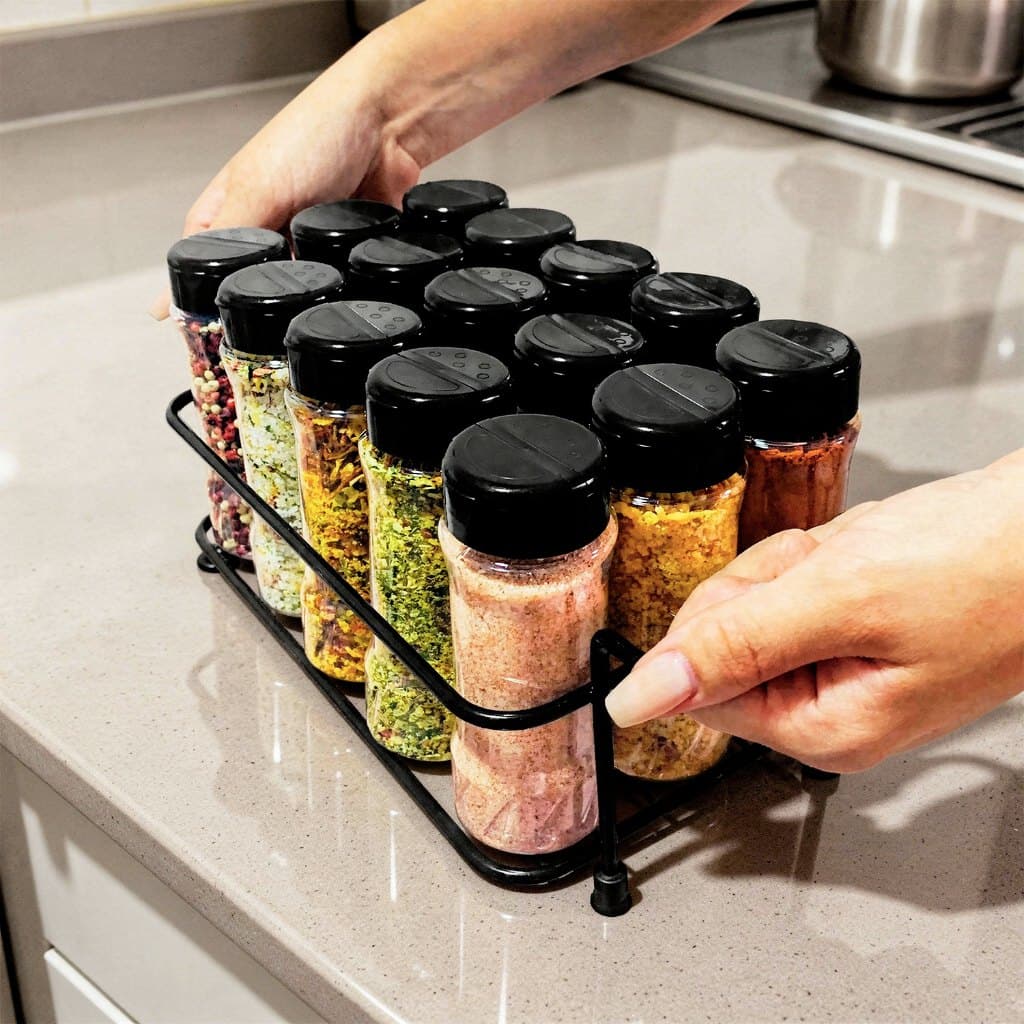 1 Suporte Preto de Ferro com 15 Potes 130ml Temperos Condimentos Bancada Cozinha com Etiquetas