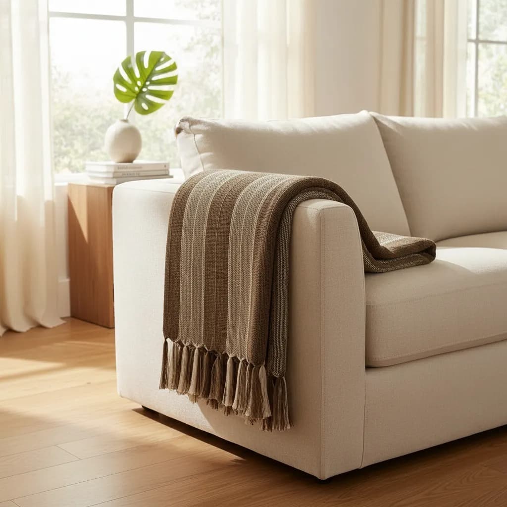 Manta Marrom Capuccino Pra Sofá Cama Quadriculada Luxo Com Franjas Xale Decorativa 1.80X1.20 M 100% Algodão Tear Mineiro
