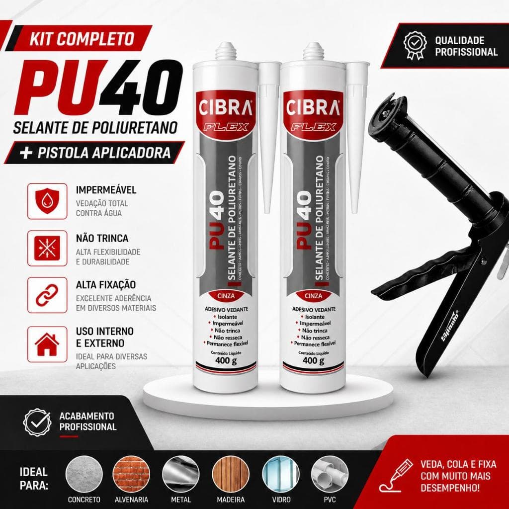 Kit 1 Aplicador de Silicone + 2 Cola PU40 CibraFlex 400g – Alta Aderência para Mármore, Madeira e Artesanato