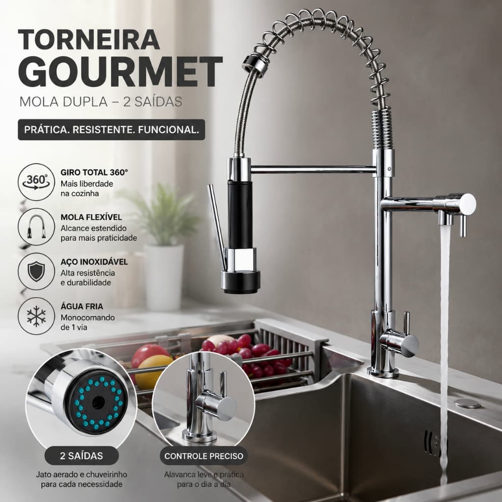Torneira Cozinha Gourmet Aço Inox Monocomando Com Spray Extensor Luxo Água Fria