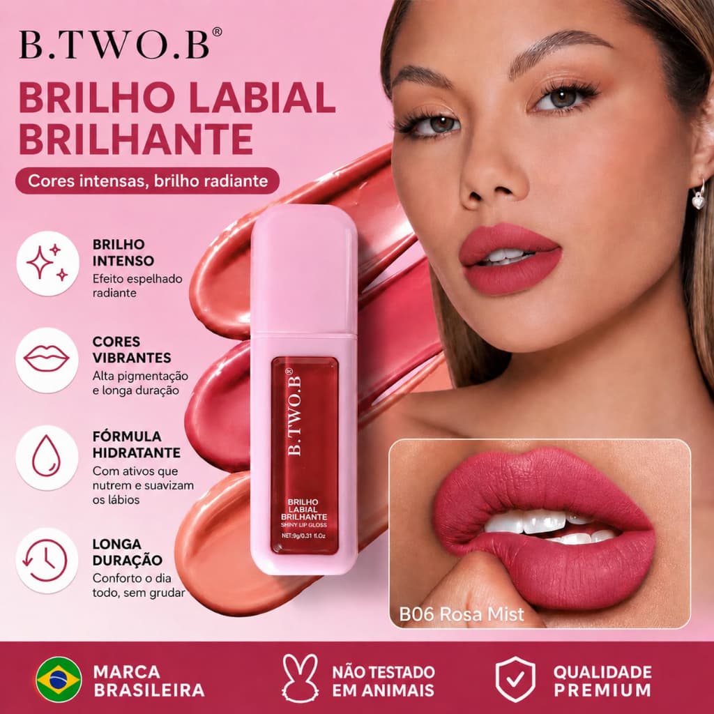 B.TWO.B Gloss Labial Brilhante Batom Cor Duradoura Brilho Intenso Hidratante