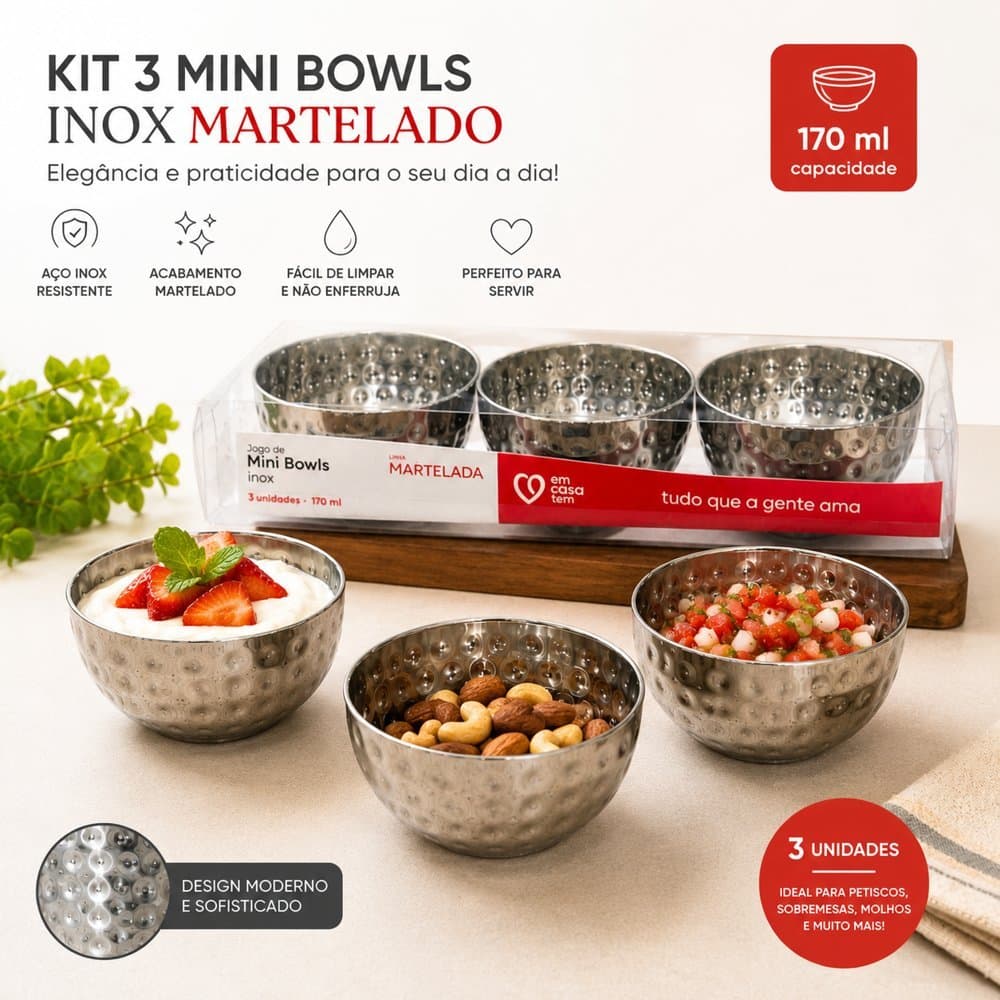 Kit Sobremesa com 6 Bowls Inox Martelado 170ml – Elegância e Praticidade