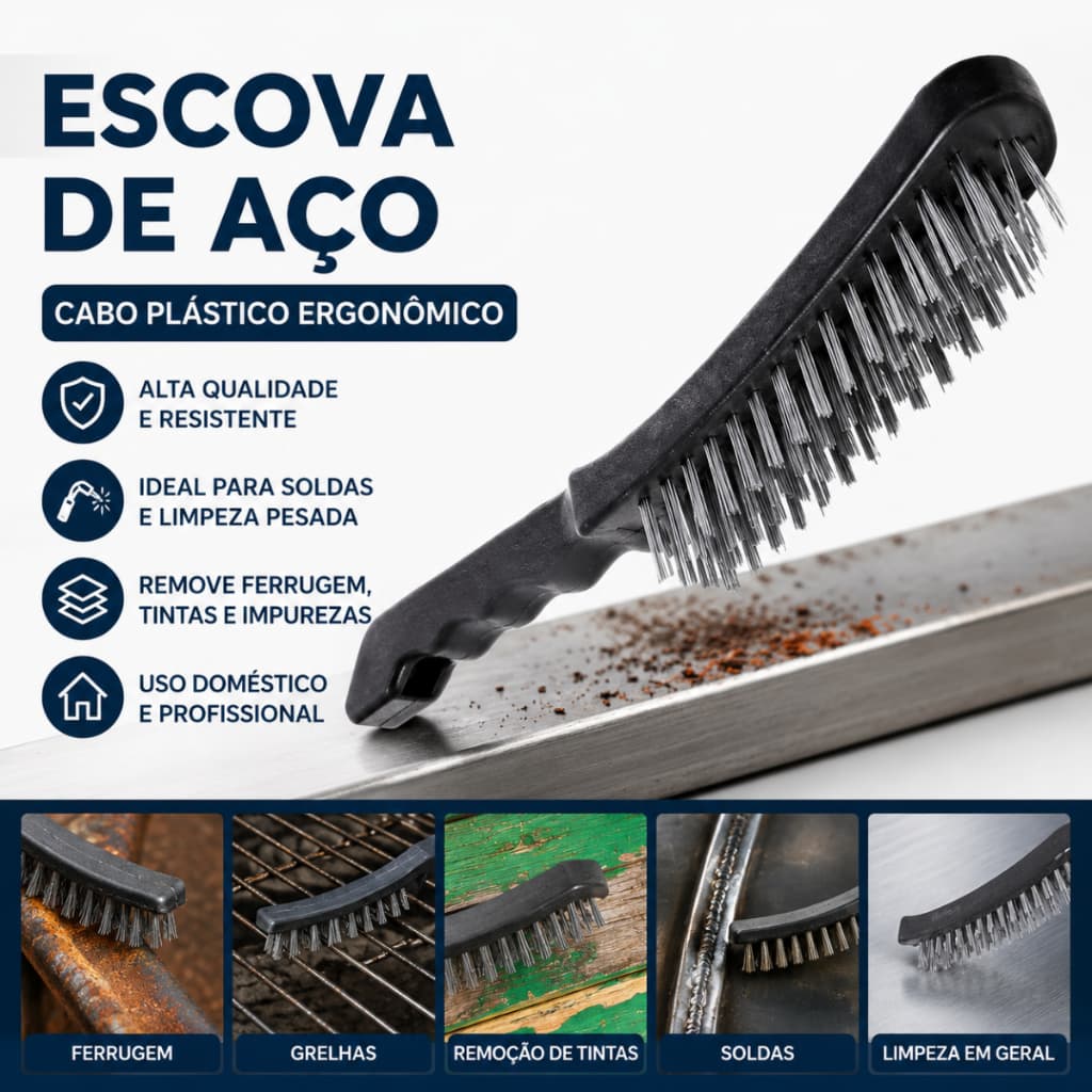 Escova de Aço 4 Fileiras Cabo Plástico Multiuso Profissional