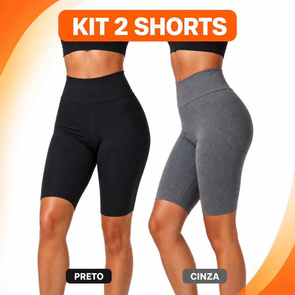 Kit 2 Short Ciclista Feminino Preto e Cinza Cintura Alta Liso Sem Bolsos