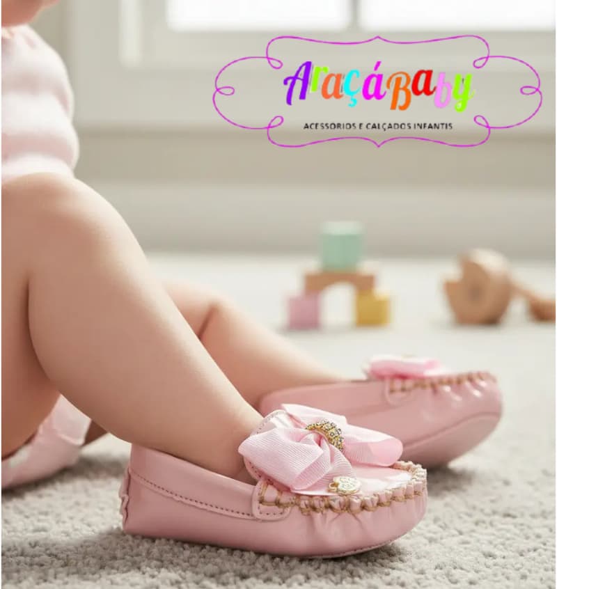 Mocassim Infantil Feminino Bebê Strass Solado Emborrachado com Laço em Fita Delicado Antiderrapante