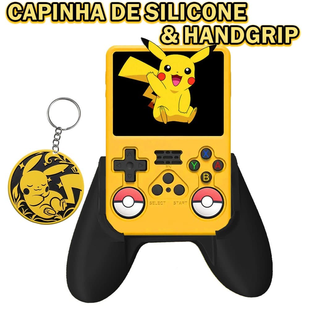 Capinha de Silicone + Handgrip para R36S - Personsalizado Pokemon Pikachu + Brindes