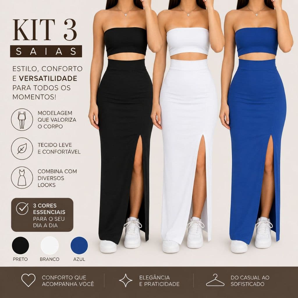 Kit 3 Saias Longas Feminina Com Fenda Diversas Cores
