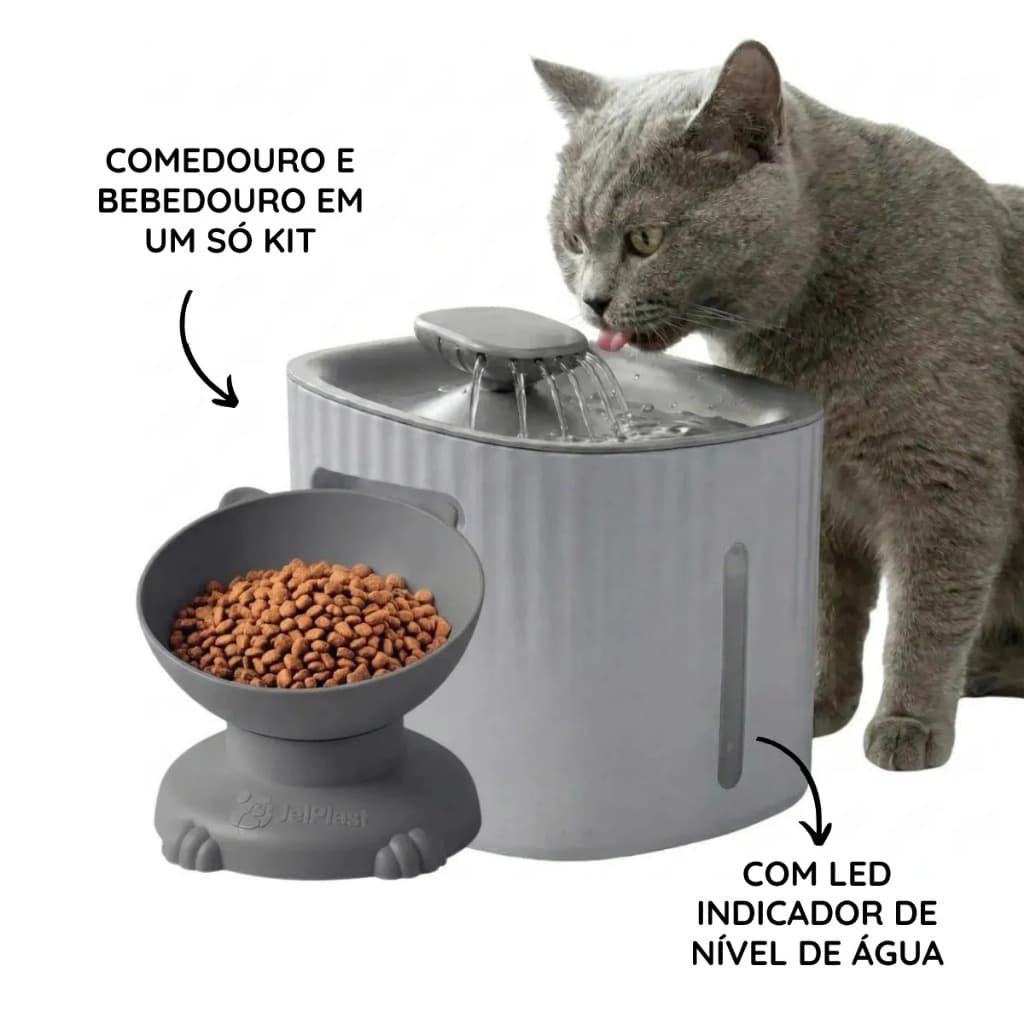Kit Fonte Bebedouro Automático p Gatos e Cães com LED Filtro Silenciosa Bivolt e Comedouro Elevado