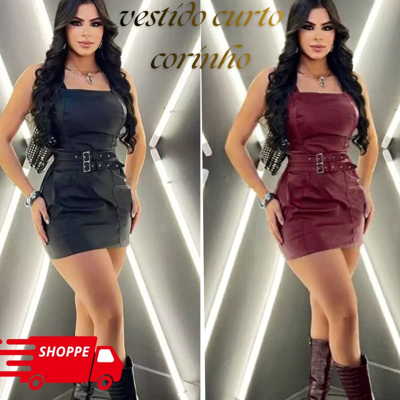 VESTIDO FEMENINO CURTO  EM COURO FAKE   CON CINTOS AJUSTAVEL MODA ELEGANTE E ESTILOSA