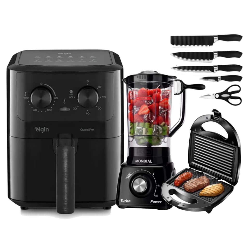 Sanduicheira + Fritadeira Airfryer + Liquidificador Mundial Preto 220V / 110V