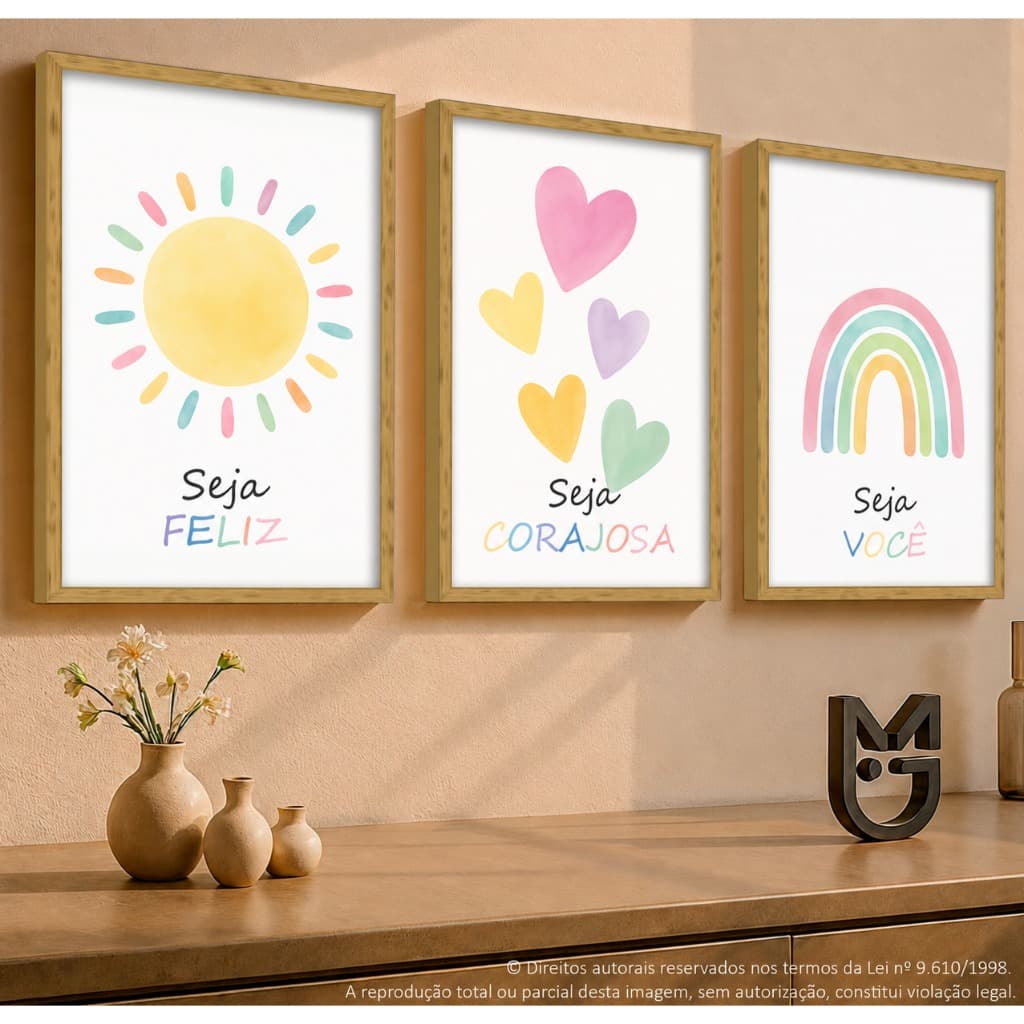 Quadro Decorativo Infantil 3 Peças Arco Iris Frases Decoração Quarto Menina Bebe