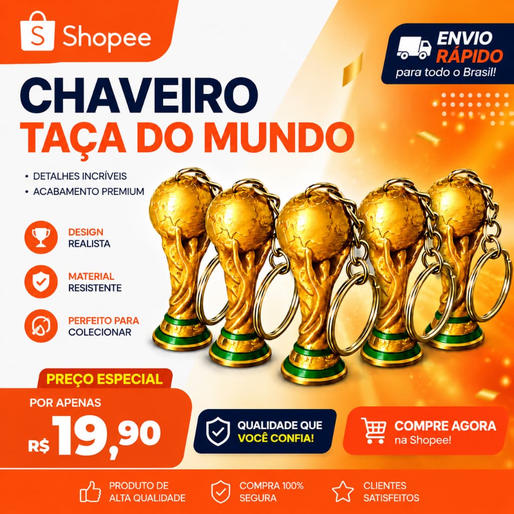 Kit 5 Chaveiros Taça Copa do Mundo Dourado Mini Troféu Futebol Decoração