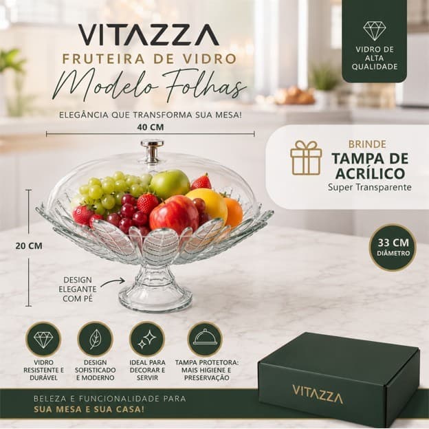 Centro De Mesa Fruteira 40cm Vidro Com Pé Folhas  Vitazza + Brinde Tampa Acrílico 33cm
