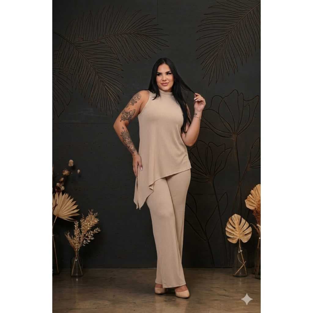 Conjunto Feminino Elegante Blusa Com Gola Alta Assimetrica Calça Elastex Na Cintura Tecido Anarruga