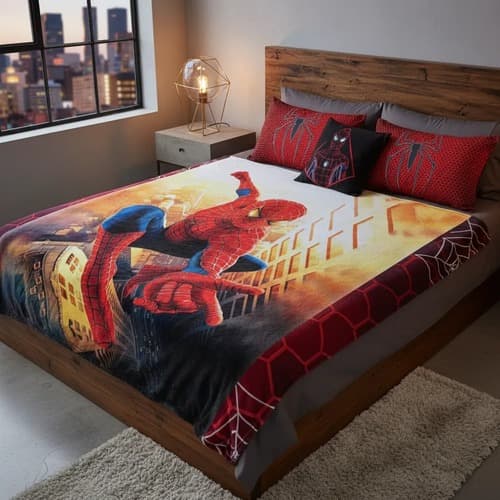 Manta Cobertor Homem Aranha Cama Casal Fleece Flanel Kit 4pçs Fronha e Capa Almofada,Extra Macio Tema Infantil Decoração
