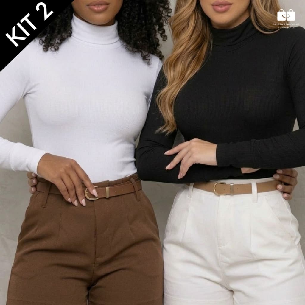 Kit 2 Body Feminino Gola Alta Manga Longa Canelado Premium Cacharrel Inverno Elegante