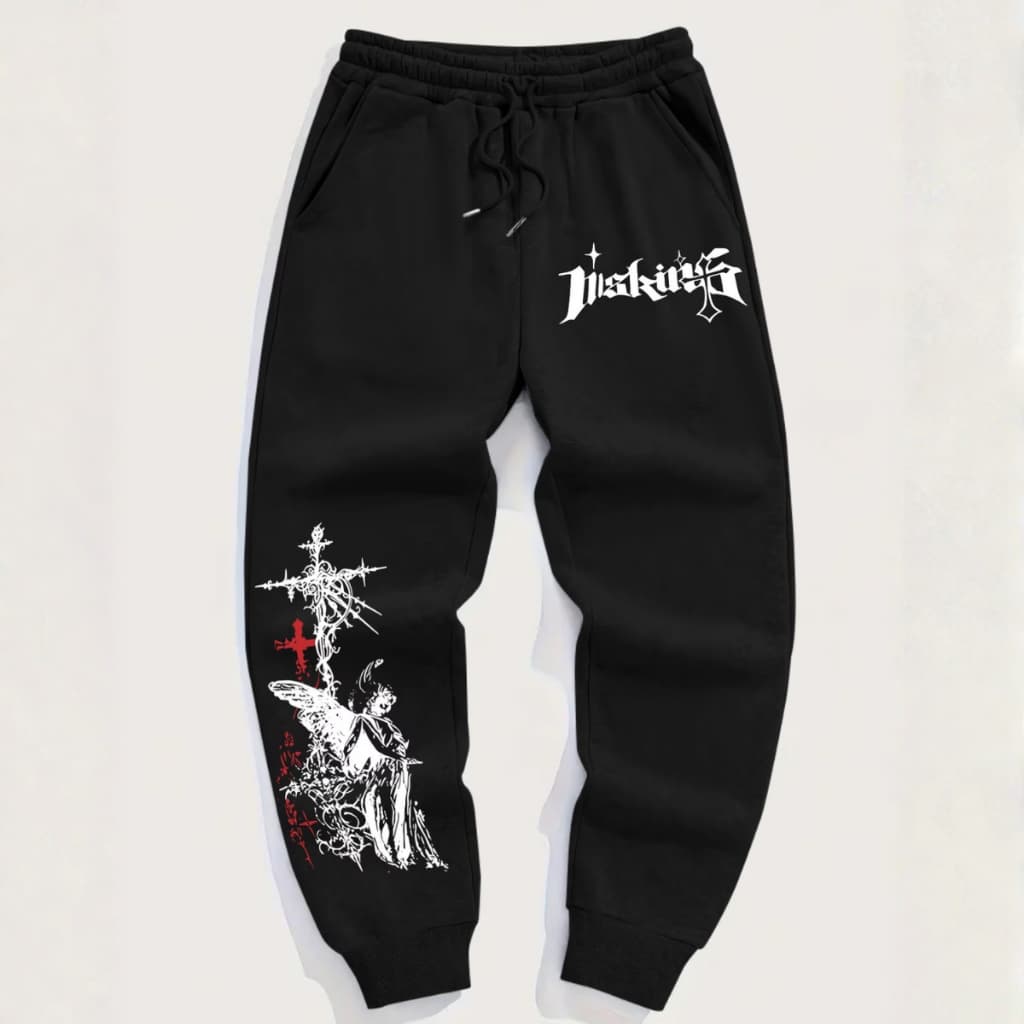 Calça Jogger Gótica Angelic Trap Oversized Confortável Hype Estampa Exclusiva Anjo e Cruz