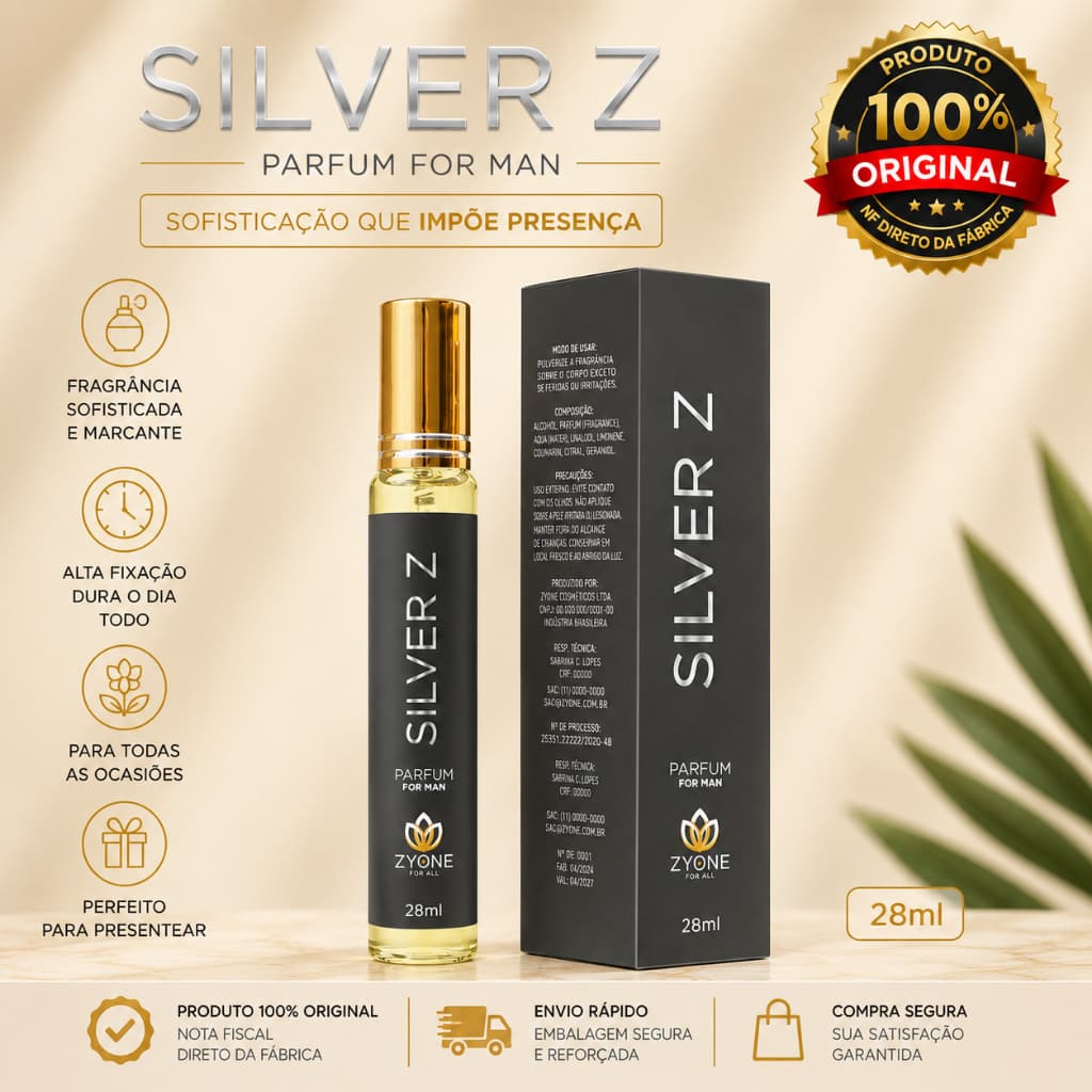 Silver Z Zyone Cosméticos Masculino Parfum 28ml Alta Fixação Essência Premium