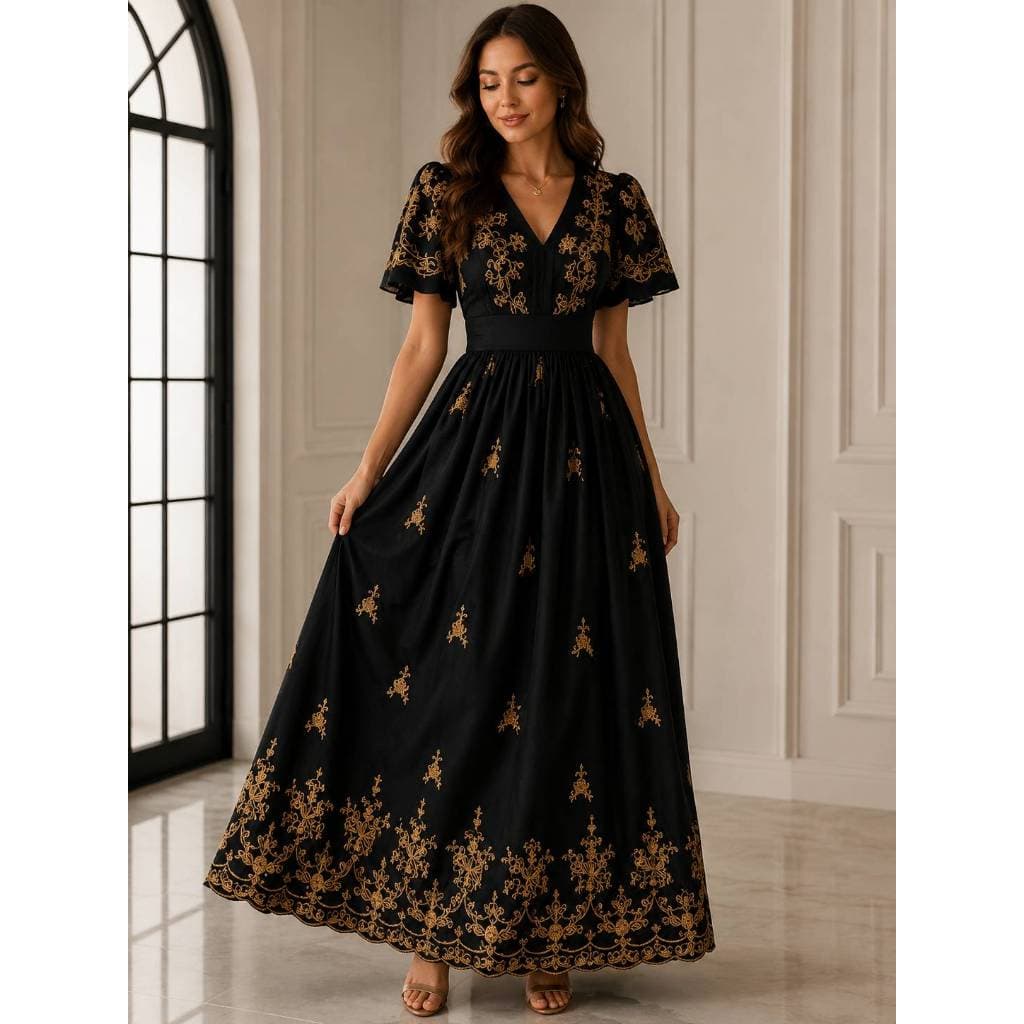 Vestido BORDADO LONGO feminino manga curta lastex nas costas moda evangelico festa viscomida