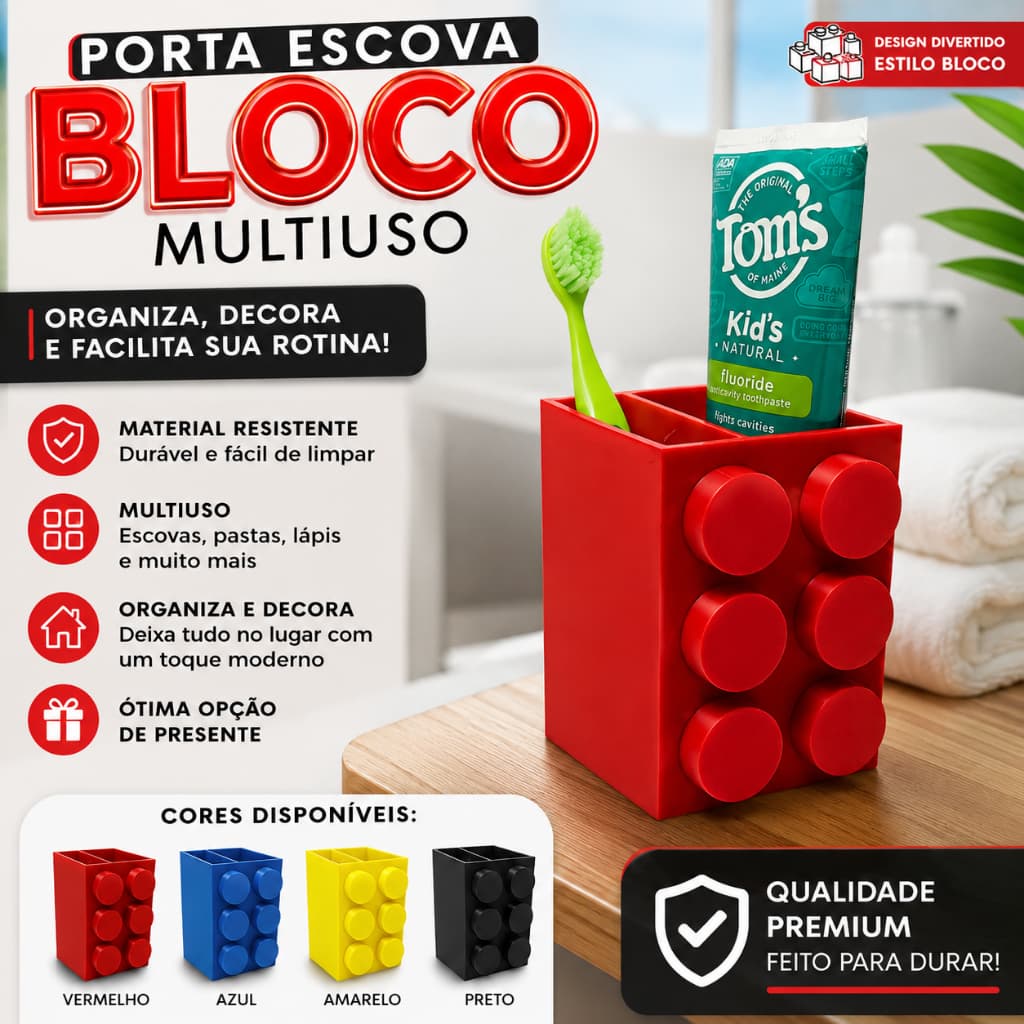 Porta Escova De Dente Lego Organizador Banheiro Porta Pasta Dental Infantil Multiuso 3D Decorativo Suporte Escovas Creme