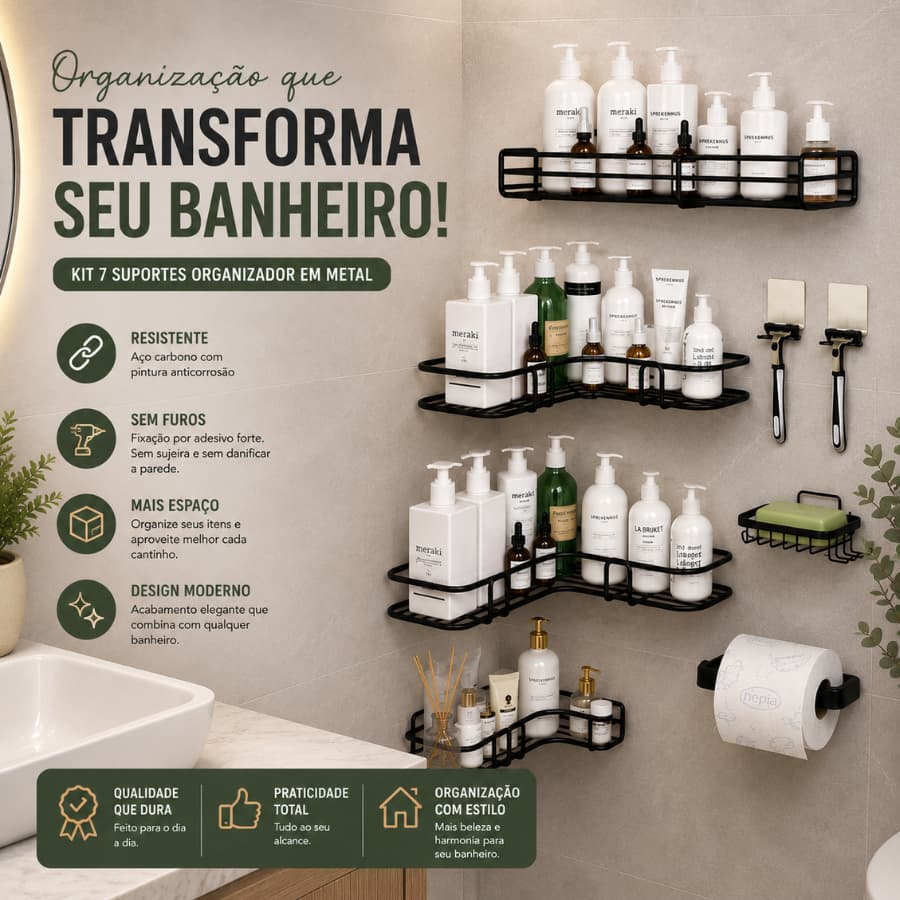 Kit 7 peças Prateleiras Suporte Com Alto Adesivos Para Banheiro Com Metal