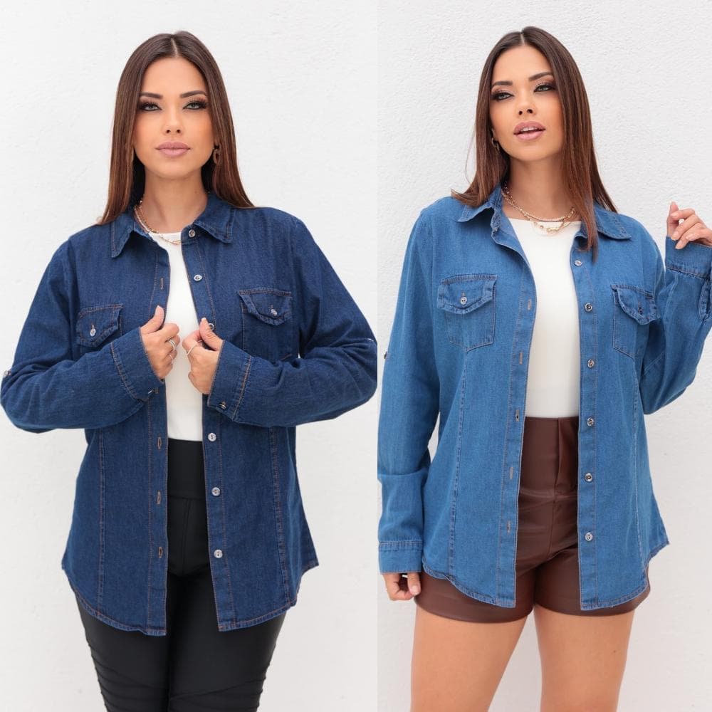 camisa feminina jeans manga longa tradicional com bolsos funcionais
