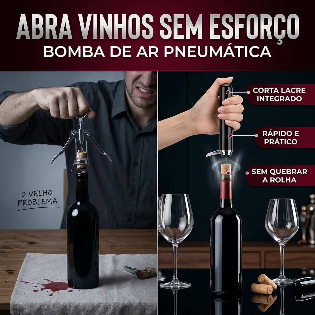 Abridor de Garrafa Vinho Saca Rolhas 17 a 44 mm Cabo Anatômico Bomba de Ar C/ Cortador