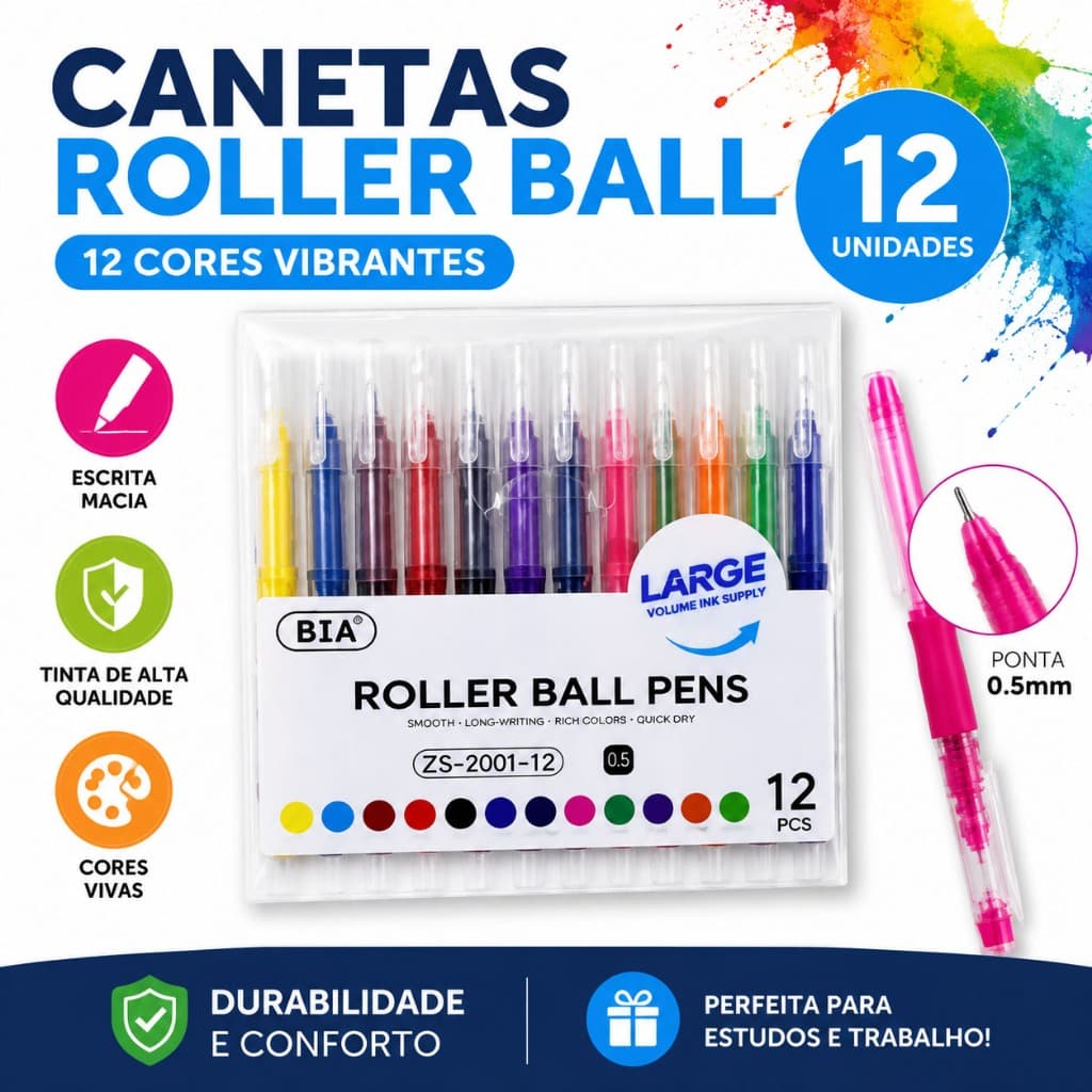 Canetas Gel 12 Cores Vibrantes Ponta 0.5mm Escrita Suave Tinta Premium Estudos e Trabalho 7001