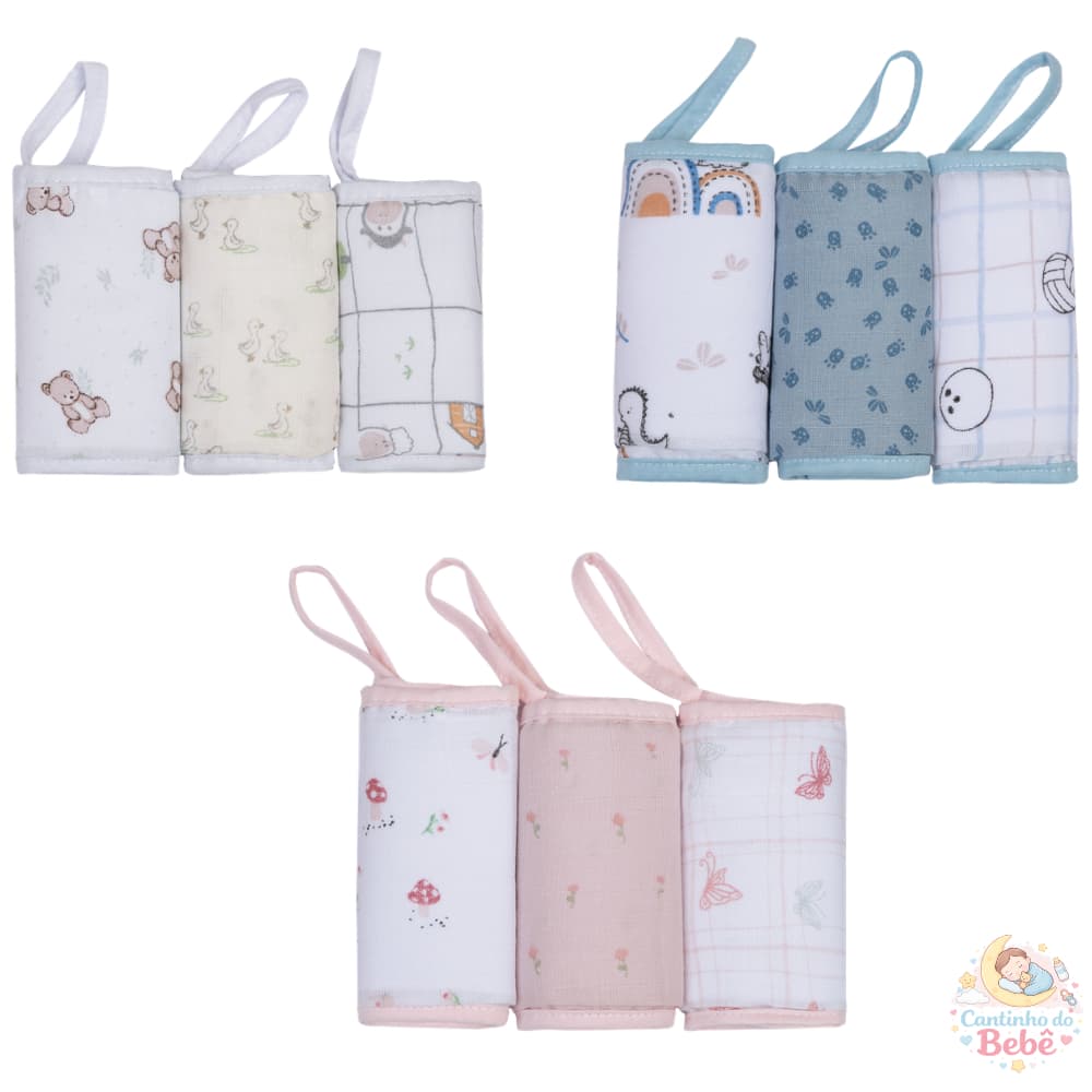 Kit 9 Paninhos de Boca Papi Baby Soft Premium 32x32cm com Prendedor de Chupeta Algodão Macio