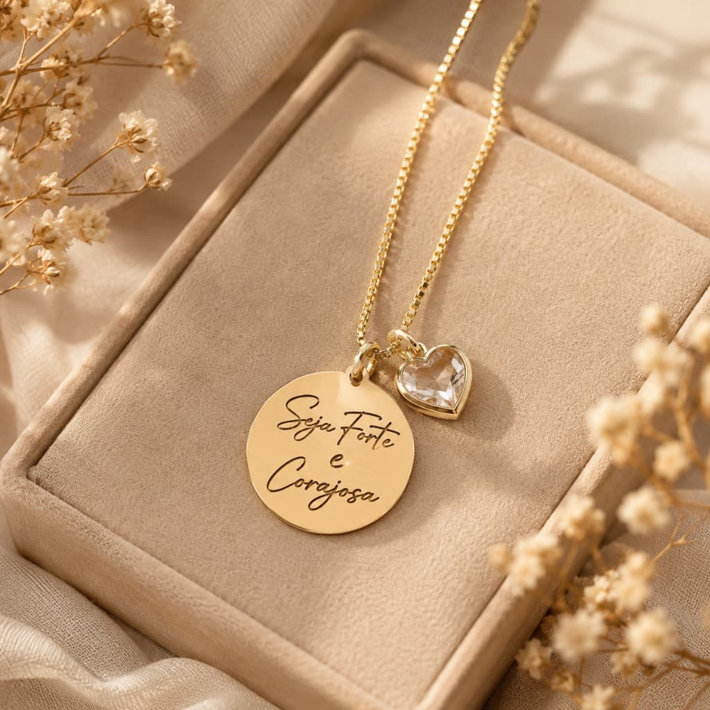 Colar Seja Forte e Corajosa Feminino Medalha Com Ponto de Luz Folheado a Ouro 18K