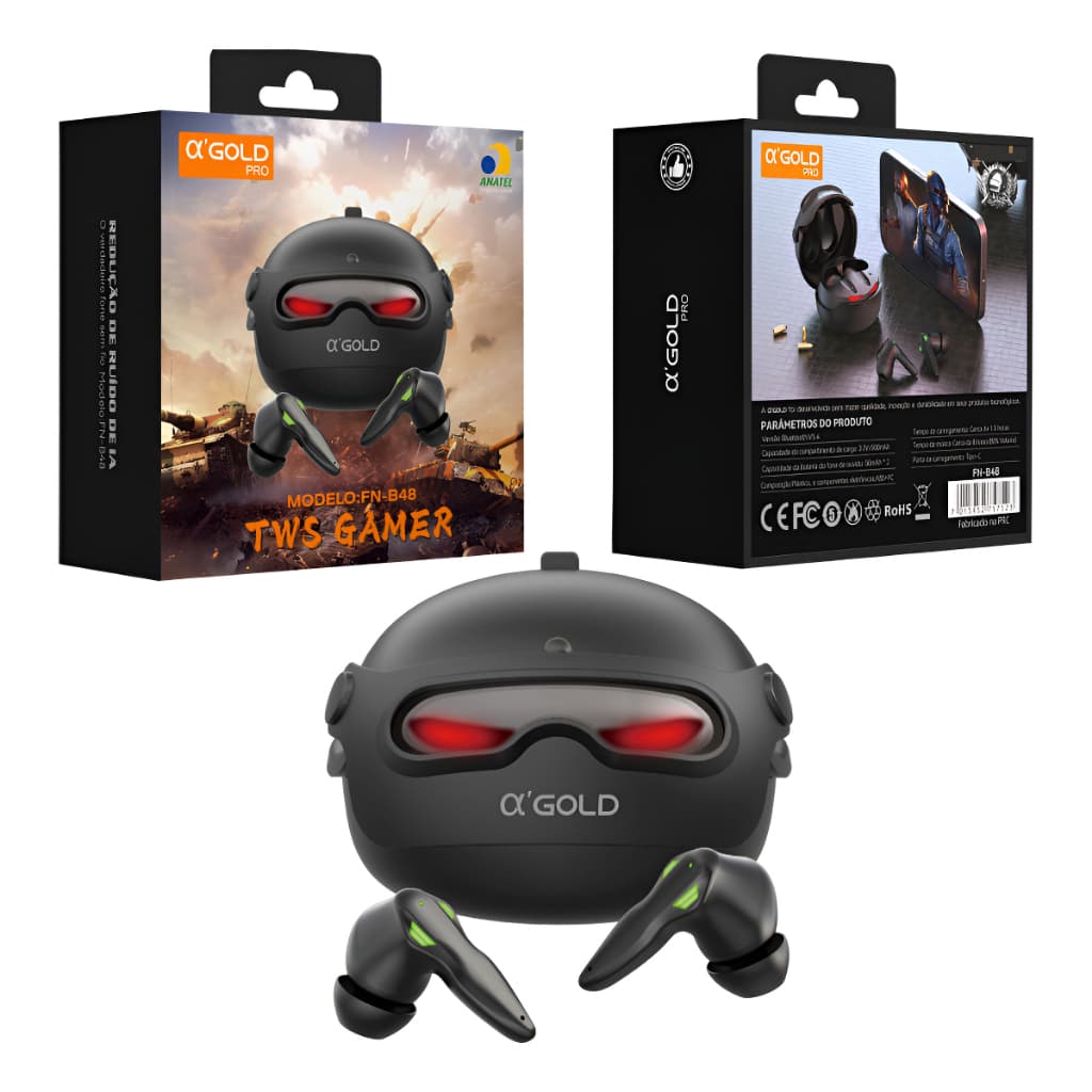 Fone Gamer Bluetooth A'gold Tws Fn-b48 Com Redução De Ruído. Compatível com Android, iOS, PC e consoles via Bluetooth
