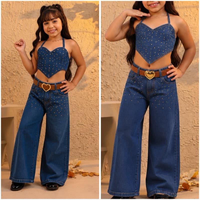 Conjunto Jeans Infantil Boiadeira pedraria calça+cropeed