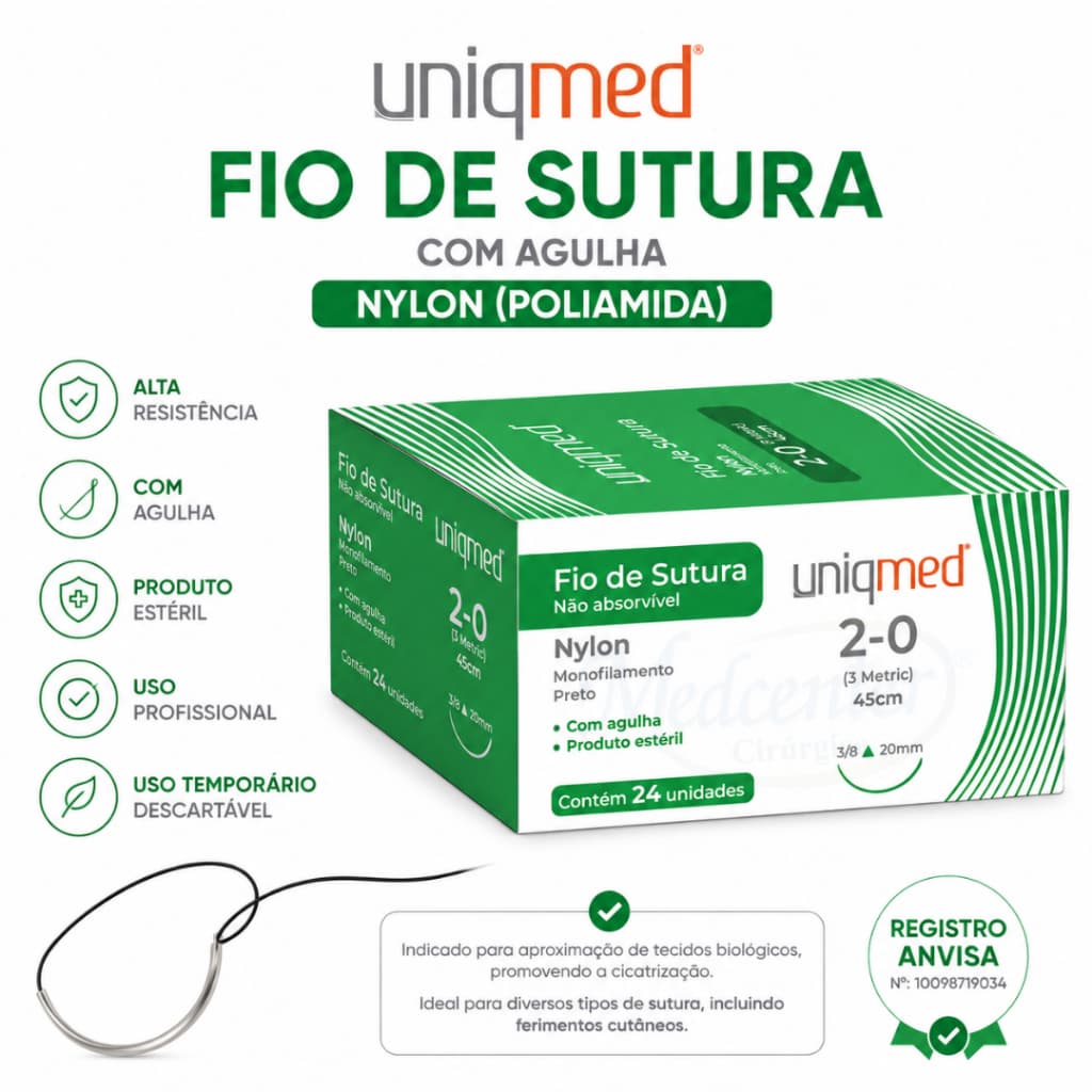 Fio Sutura Nylon c/Agulha c/ 12 ou 24 unidades - Uniqmed
