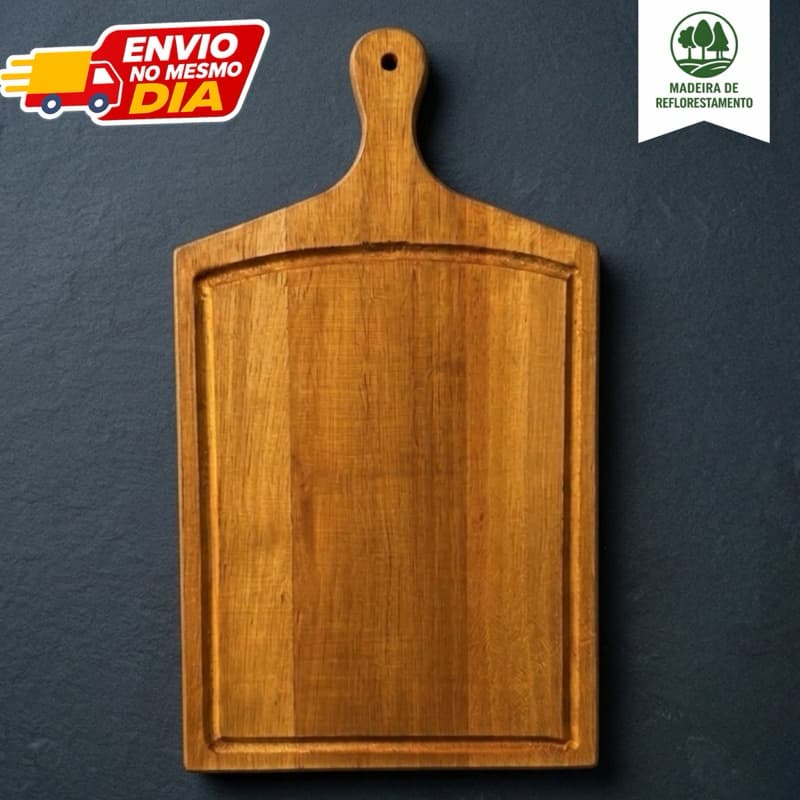 Tábua de Corte 43x24cm Eucalipto Maciço 2,5cm Espessura com Cabo Esculpido – Resistente