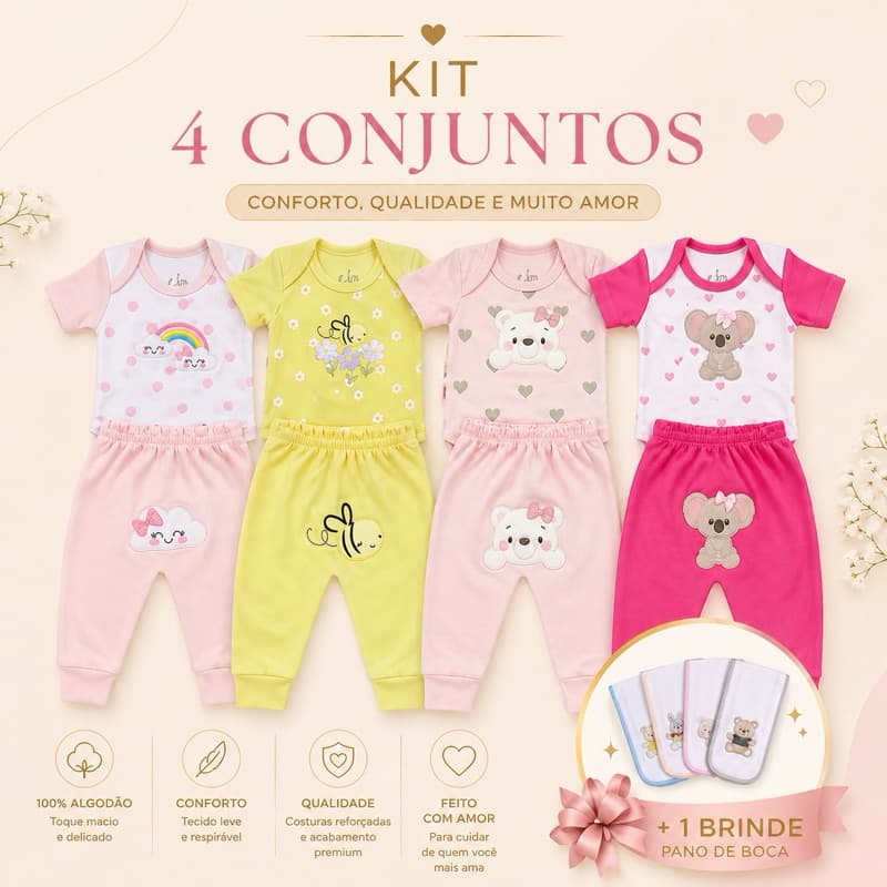 Conjunto Infantil Kit 8 Peças Roupa Bebê Menino Menina - 4 Body + 4 Calças (Mijão) Estampa Bordada + Lindo Brinde