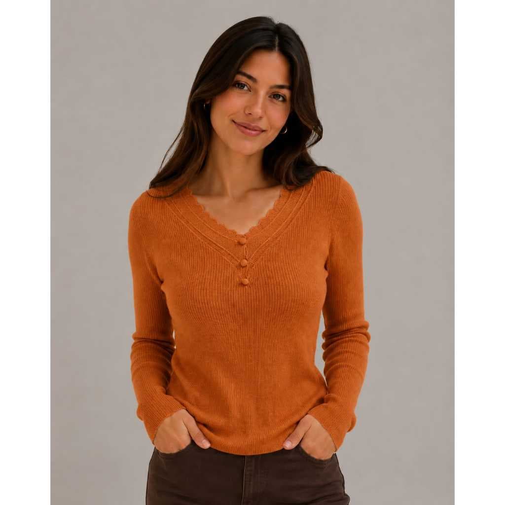 Blusa Feminina Importada Canelada Tricot com Botões Manga Longa Suéter Inverno Decote V