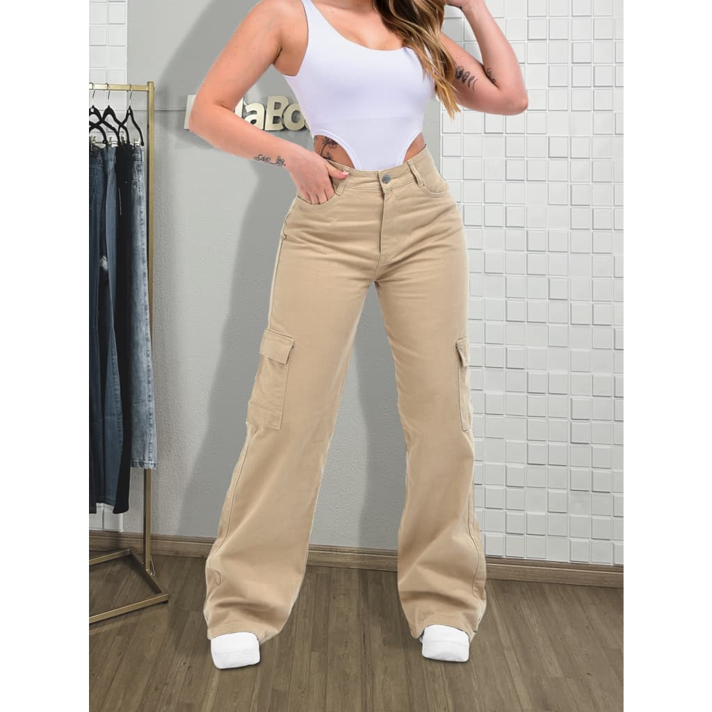 Calça Cargo Feminina Jeans Bolso Lateral Wid Leg 34 ao 46 Pantalona Cintura Alta