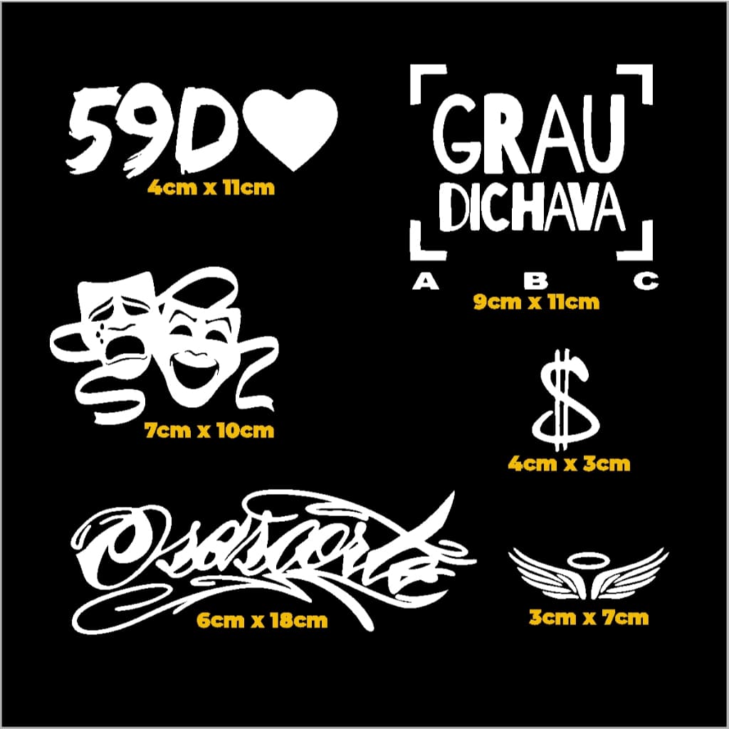 Kit 06 Adesivos GRAU DICHAVA, 59D, CHORA AGORA RIR DEPOIS, CIFRÃO, ANJO Moto, OSASCORTEE