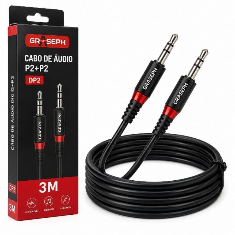 Cabo P2 x P2 3 Metros Graseph DP2 3M – Áudio Estéreo Auxiliar para Celular, PC, Carro e Caixa de Som
